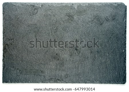 Rectangular black textured slate board for dishes isolated on white background