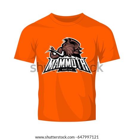 Furious woolly mammoth head sport vector logo concept isolated on orange t-shirt mock up. Modern predator professional mascot team badge design. Premium quality wild animal tee print illustration.