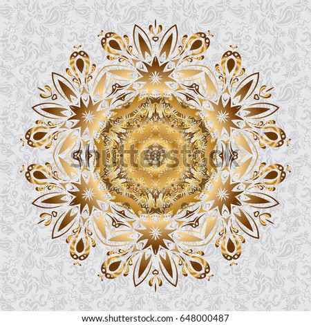 Gold Mandala pattern, Arabic background. Vector East, Islam, Indian, motif, revival swirling. Ethnic texture. Vintage decorative ornament on gray background. Orient, symmetry lace, fabric, wallpaper.