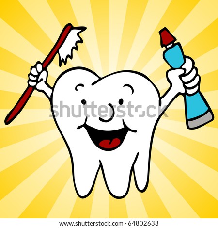 An image of a cartoon tooth character holding toothpaste and a toothbrush.
