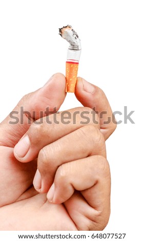 Isolated man hand holding cigarette in white background, Save clipping path.