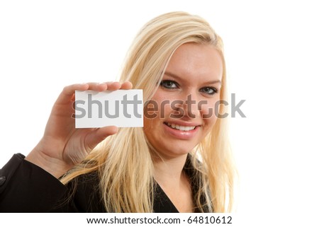 businesswoman is holding empty business card over white background, woman is blurred