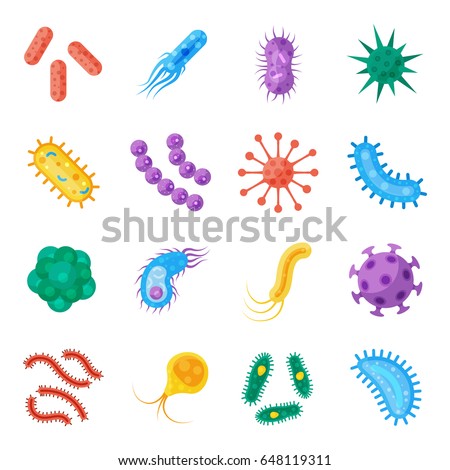 Bacteria and germs colorful set, micro-organisms disease-causing objects, different types, bacteria, viruses, fungi, protozoa. Vector flat style cartoon illustration isolated on white background Royalty-Free Stock Photo #648119311