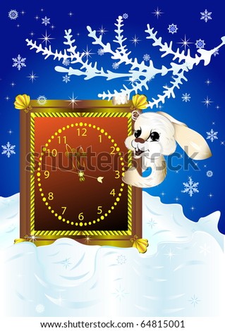 Christmas card with white rabbit looking out of clock around midnight.