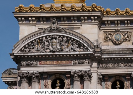 Opera National de Paris: Grand Opera (Garnier Palace) is famous neo-baroque building in Paris, France - UNESCO World Heritage Site. Architectural fragments of Garnier Palace.