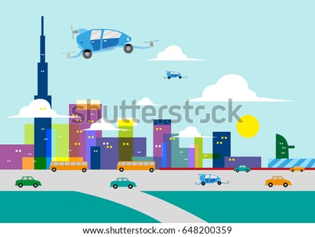 Flying cars or hovercars in a modern city. Editable Clip Art.
