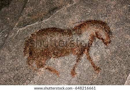 Picture of an ancient horse in a cave.  Rock paintings.  stone Age.  archeology.  beast of burden.