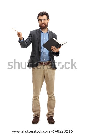 Full length portrait of a professor with a wooden stick and a book isolated on white background