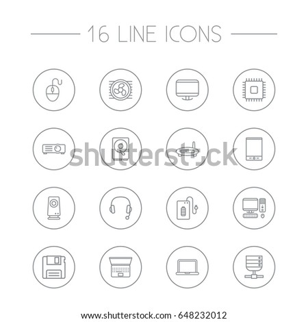 Set Of 16 Computer Outline Icons Set.Collection Of Powerbank, Cooler, Floppy And Other Elements.