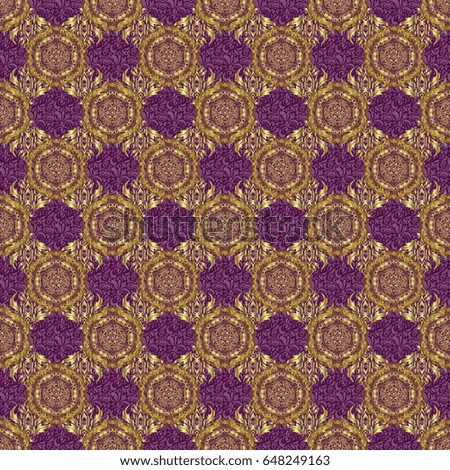 Abstract vector seamless pattern with golden ornaments on a purple backdrop. Vintage design with gold ornaments.