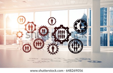Cogwheels and gears mechanism as social communication concept in office interior. 3D rendering