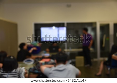 Abstract blur education meeting, business, student and people meeting for final project in the classroom in university. teacher lecture meeting group background.
