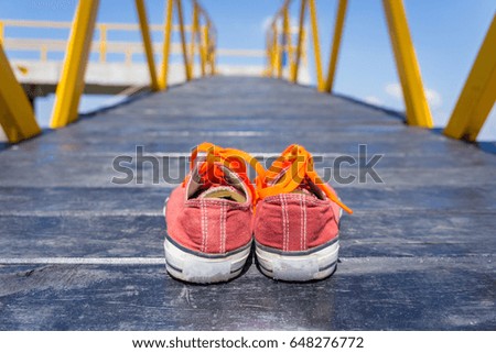Orange shoes isolated on wood road