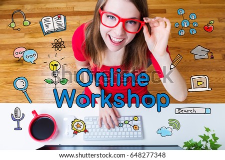 Online Workshop concept with young woman wearing red glasses in her home office