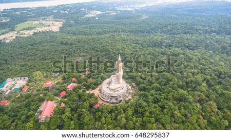 aerial photography around the big Buddha at Phu Manorom temple on the mountain in Mukdahan Thailand