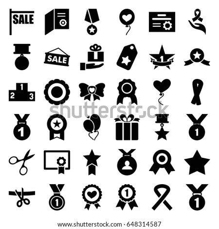 Ribbon icons set. set of 36 ribbon filled icons such as manicure scissors, star, medal, heart baloons, present, bow, 1st place star, ranking, diploma, award, sale