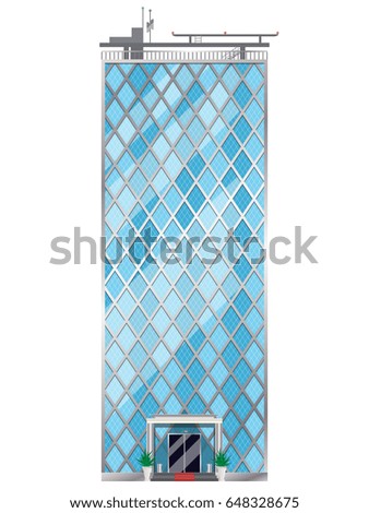Skyscraper. The facade of a tall glass building. Vector illustration of a business center on a white background.
