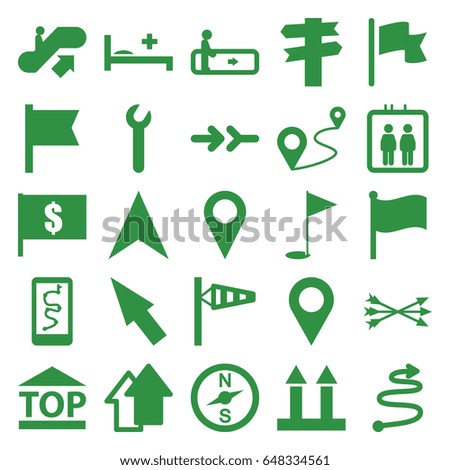 Direction icons set. set of 25 direction filled icons such as elevator, escalator, escalator up, wind cone, cargo arrow up, top of cargo box, navigation arrow, distance