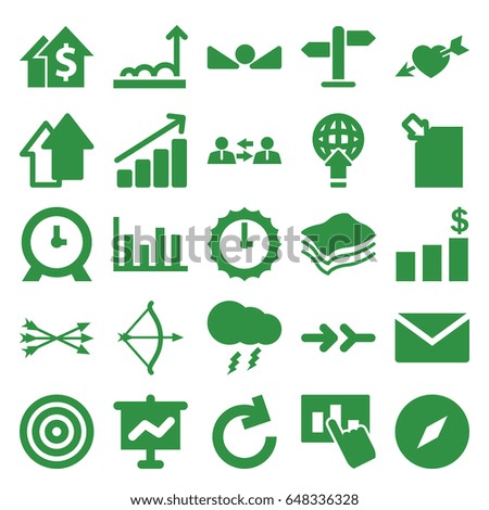 Arrow icons set. set of 25 arrow filled icons such as clock, sponge, thunderstorm, graph, direction, sundial, bow, communication, chart, hand on graph, money chart, compass