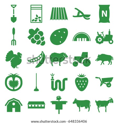Agriculture icons set. set of 25 agriculture filled icons such as field, potato, wheel barrow, tractor, scarecrow, hog, cow, sheep, goat, turkey, barn, grape, shovel