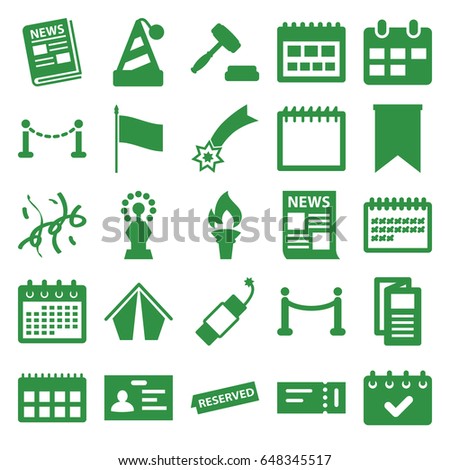 Event icons set. set of 25 event filled icons such as fence, ticket, badge, calendar, news, firework, confetti, auction, reserved, red carpet, torch, flag, trophy