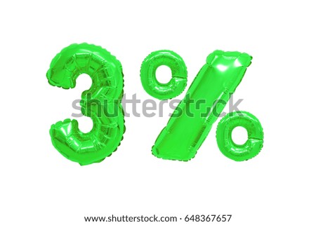 three percent from green color balloons on isolated background. discounts and sales