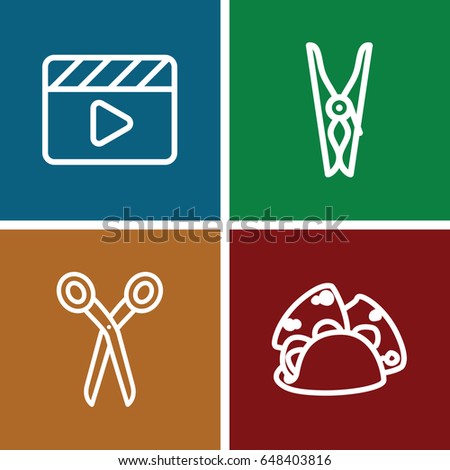Clip icons set. set of 4 clip outline icons such as barber scissors, cloth pin, taco