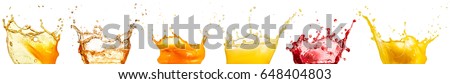 fruit juice splash collection isolated on white Royalty-Free Stock Photo #648404803