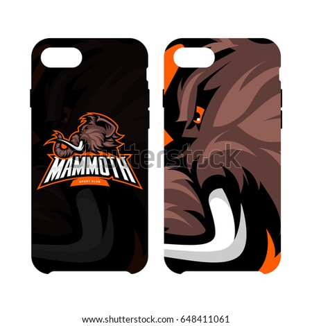 Furious woolly mammoth head sport vector logo concept smart phone case isolated on white background. Modern mascot team badge design. Premium quality wild animal cell phone cover illustration.