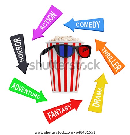 Arrows with Cinema Styles around Bucket Full of Popcorn with 3D Glasses on a white background. 3d Rendering. 