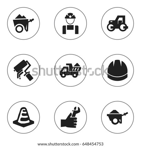 Set Of 9 Editable Construction Icons. Includes Symbols Such As Hardhat , Handcart , Caterpillar. Can Be Used For Web, Mobile, UI And Infographic Design.