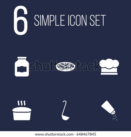 Set Of 6 Culinary Icons Set.Collection Of Pepperoni, Saltshaker, Loaf And Other Elements.