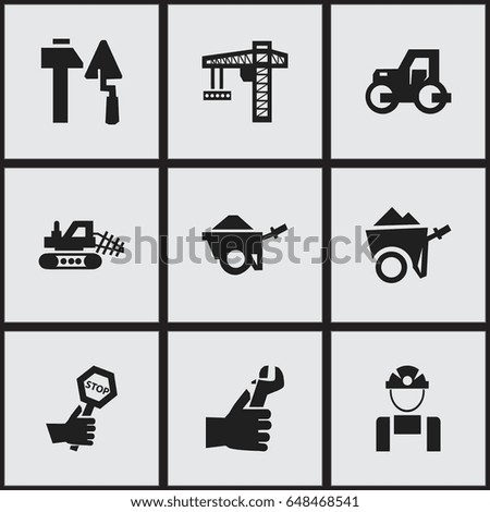 Set Of 9 Editable Construction Icons. Includes Symbols Such As Mule, Hands , Caterpillar. Can Be Used For Web, Mobile, UI And Infographic Design.