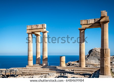 Columns of the ancient Lindos, Rhodes Greece Royalty-Free Stock Photo #648469984