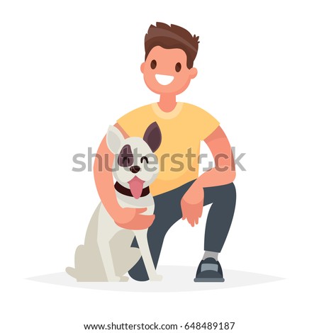 Man with the dog. Caring for a four-footed friend. Vector illustration in a flat style
