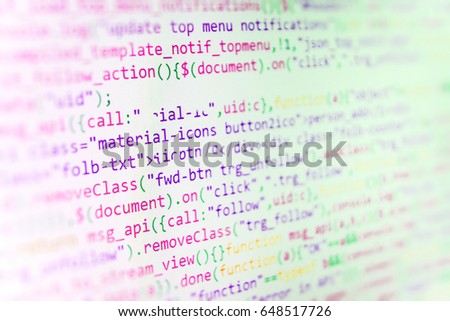 IT specialist workplace. Coding script text on screen. Abstract source code background. Website HTML Code on the Laptop Display Closeup Photo. SEO optimization. Software development. 
