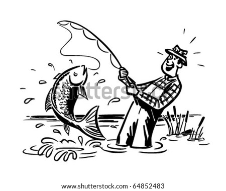 Fisherman Catching The Big One - Retro Clipart Illustration