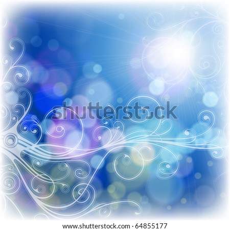 vector floral ornament, blue sky & fiery ray of lights