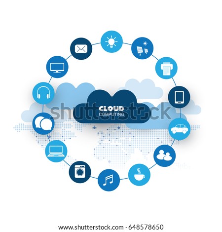 Cloud Computing, Networks Design Concept with Icons Representing Various Kinds of Digital Devices or IoT Services