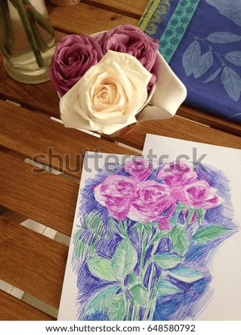 Rose flowers : living and drawing on paper using color ink pens