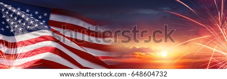 American Celebration - Usa Flag And Fireworks At Sunset
