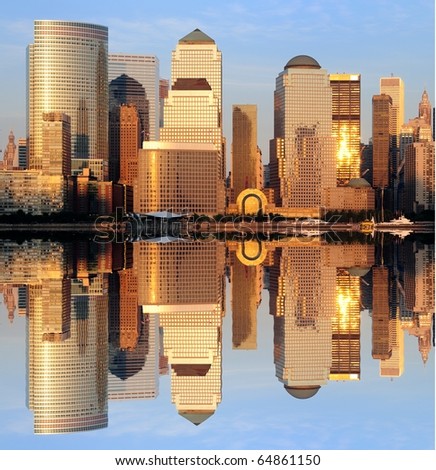 The Lower Manhattan Skyline at the World Financial Center with serious reflections in New York City.