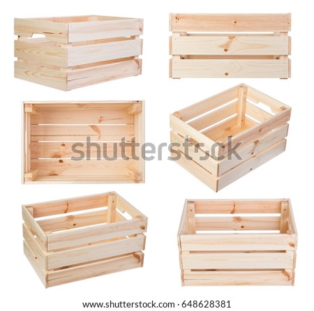 Wooden boxes isolated on white background Royalty-Free Stock Photo #648628381