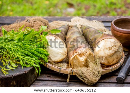 Raw bamboo shoot on wooden plate, Clean eating,Thailand