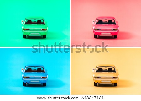 Colorful collection of retro toy car model with back side on colorful background. Green, Red, Blue, Yellow. traveling and transport concept.