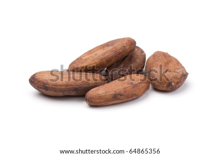 Pile of cocoa beans on white. Shallow depth of field. Royalty-Free Stock Photo #64865356