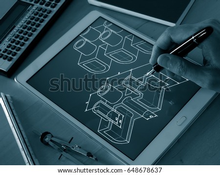 engineer designer working on cad blueprint using tablet computer tool       