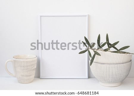 White Frame Mock Up Olive Tree Branch Vintage Ceramic Bowls Mug Copy Space for Text Artwork. Styled Image for Social Media Marketing