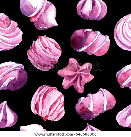 Seamless pattern with watercolor marshmallow illustration, for use in textile and scrapbooking
