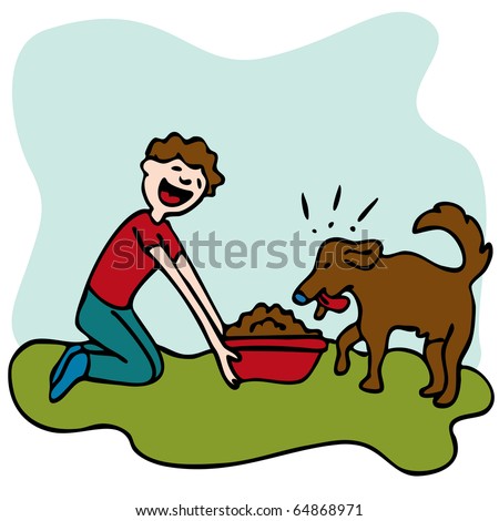 An image of a man feeding his dog some food.